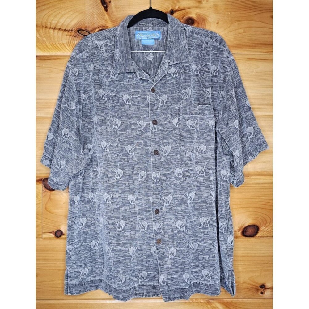 Bermuda Bay Fishing Theme Men's Shirt GRAY Size L 100% Silk